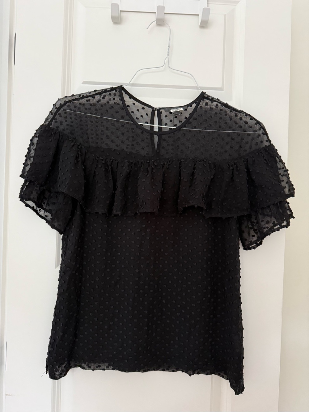 J.crew ruffle Edie top black sheer Swiss dot size 0